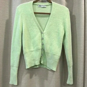 Zara Jewel Button Cardigan Sweater Green size Large.